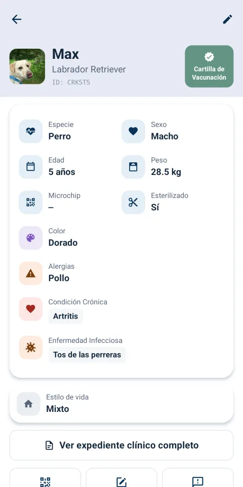 Ficha de un perro labrador en HixPet con especie, edad, peso, alergias y condiciones crónicas