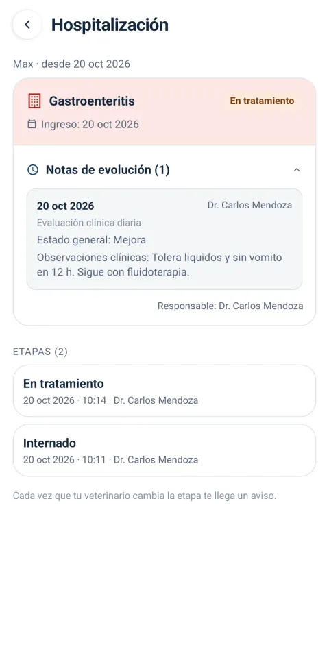 Pantalla de hospitalización que ve el tutor, con notas de evolución y etapas del tratamiento