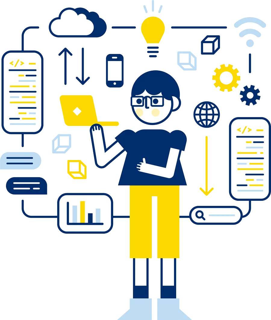 Desarrolladora conectando apps, nube, datos y código